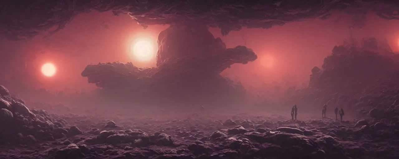 Image similar to ” outer planet with thick fog and alien artefacts, [ cinematic, detailed, epic, widescreen, opening, establishing, mattepainting, photorealistic, realistic textures, octane render, art by paul lehr ] ”