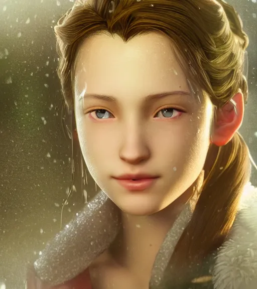 Prompt: beautiful aerith gainsborough, face centered portrait, cottagecore, confident, fog, rain, volumetric lighting, soft light particles floating near her, rim light, beautiful, golden hour, sharp focus, ultra detailed, cgsociety by leesha hannigan, ross tran, thierry doizon, kai carpenter, ignacio fernandez rios