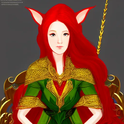 Prompt: Portrait of a red-haired beautiful elven queen in red, gold and green dress sitting on a throne. In style of Hyung-tae Kim, concept art, trending on ArtStation, Korean MMORPG.
