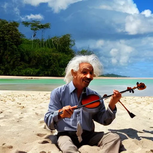 Image similar to albert einstein on tropical beach playing violin tourism photography award winning in the style of andrew rankin