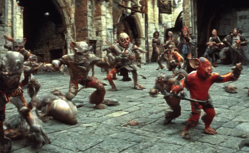 Image similar to movie still: goblins attack a medieval marketplace, by David Bailey, Cinestill 800t 50mm eastmancolor, heavy grainy picture, very detailed, high quality, 4k, HD criterion, precise texture and poses