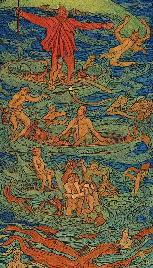 Image similar to man on boat crossing a body of water in hell with creatures in the water, sea of souls, by ivan bilibin,