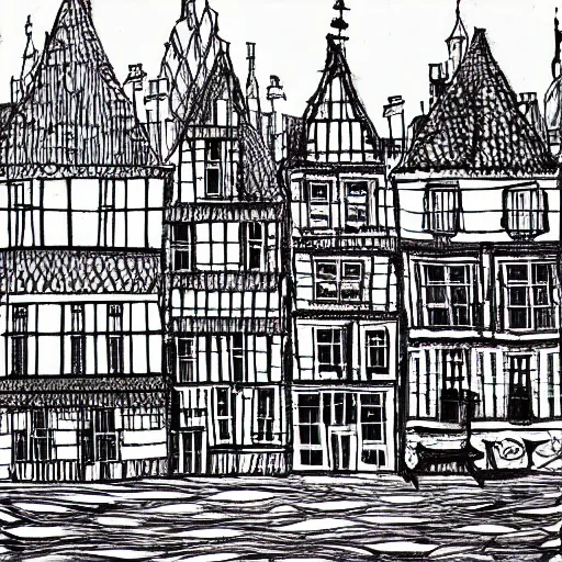 Image similar to an Ink drawing of Amiens, Northern France, waterfront houses, high contrast, black and white