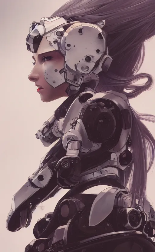Image similar to a girl, fused mecha robot parts, vintage clothing, cyborg, anime style, long hair, hair down, symmetrical facial features, from arknights, hyper realistic, 4 k, rule of thirds, extreme detail, detailed drawing, trending artstation, hd, d & d, realistic lighting, by alphonse mucha, greg rutkowski, sharp focus, backlit