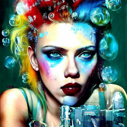 Image similar to scarlett johansson as delirium from sandman, ( hallucinating colorful soap bubbles ), by jeremy mann, by sandra chevrier, by jamie hewlett and richard avedon, punk rock, tank girl, high detailed, 8 k