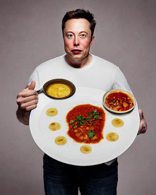 Image similar to a portrait of elon musk with a plate containing idli and sambar in front of him, highly detailed, trending on artstation, bokeh, 9 0 mm, f / 1. 4