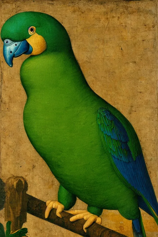 Image similar to a renaissance close up portrait of a green duck parrot as a ninja turtle, centered, triumphant, beautiful intricate painting