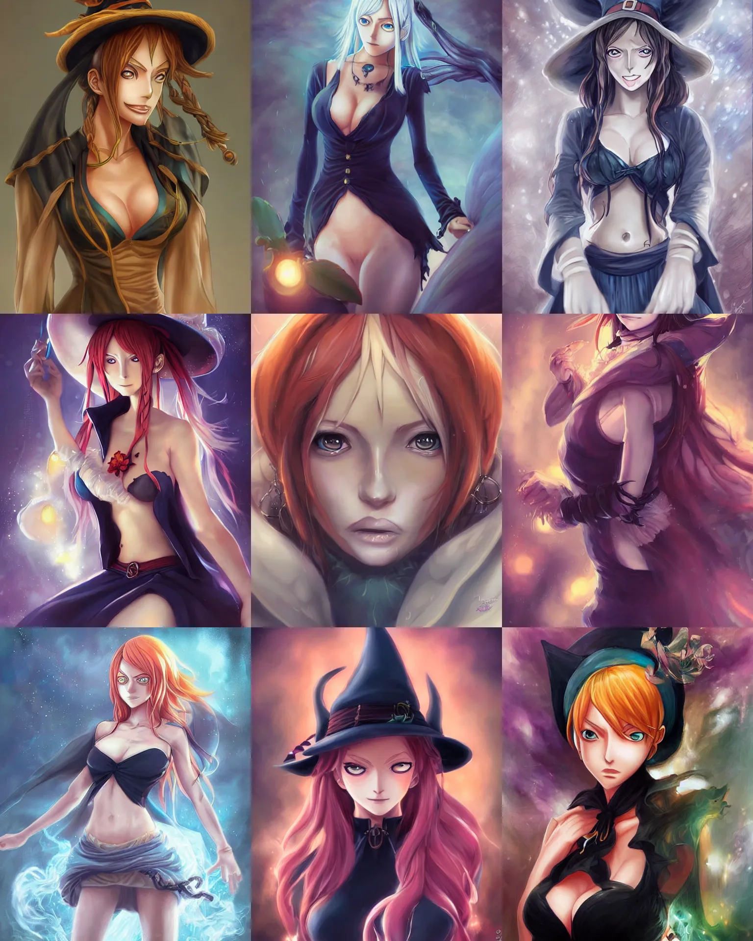 Prompt: beautiful portrait of a Witch who looks like Nami, One Piece anime character design by Ross Tran, artgerm detailed, soft lighting