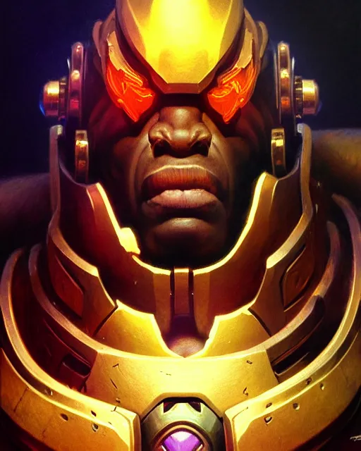 Image similar to doomfist from overwatch, fantasy, fantasy art, character portrait, portrait, close up, highly detailed, intricate detail, amazing detail, sharp focus, vintage fantasy art, vintage sci - fi art, radiant light, caustics, by boris vallejo