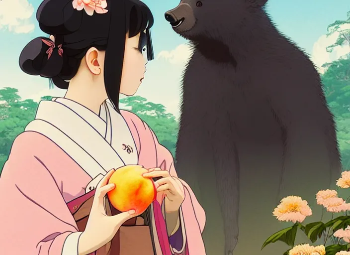 Image similar to a girl wearing a kimono giving a peach to a large anthropomorphic asian black bear, featured in artstation, artgerm, octane render, award winning, cinematic, elegant, intricate, 8 k, close up, in the style of studio ghibli and heikala and alphonse mucha and timothy kong and laia lopez and viorie,