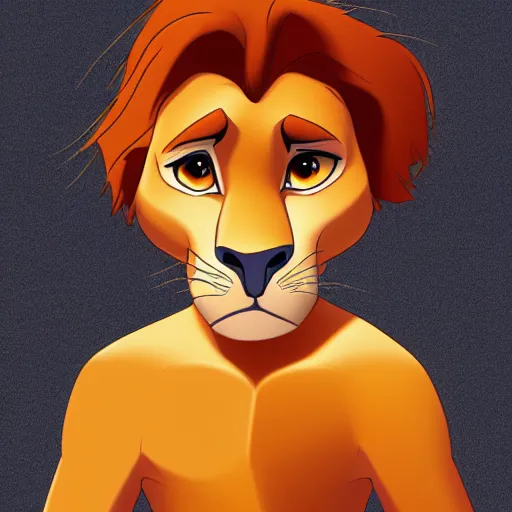 Image similar to a full-height portrait of Simba form the Lion King look like an ordinary human boy with beautiful hear and head, wearing jeans and a white T-shirt, humanisation, digital art style