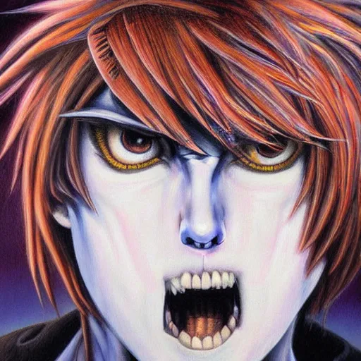 Prompt: detailed portrait of emo donald trump anime death note intricate, hyper detailed, realistic, oil painting, by julie bell, frank frazetta, cinematic lighting