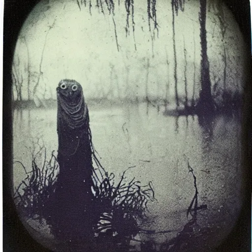 Image similar to creepy lovecraftian monster in swamp, 1 9 1 0 polaroid photo