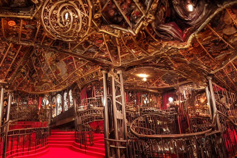 Image similar to the interior of the organ room at house on the rock made of red carpet and black wrought - iron, and is full of curved elevated walkways, interwoven catwalks, spiral ramps, and twisted staircases that are surrounded by cluttered arrangements of parts of pipe organs, clock gears, and engine components.