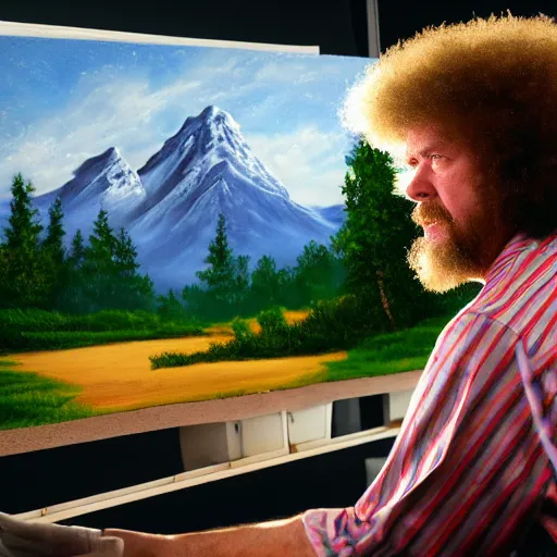 Image similar to a closeup photorealistic photograph of bob ross crafting an image of kenny powers baseball, a depiction on a canvas. mountains and trees. film still. brightly lit scene. this 4 k hd image is trending on artstation, featured on behance, well - rendered, extra crisp, features intricate detail, epic composition and the style of unreal engine.