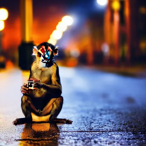 Image similar to A high-quality photo of a monkey drinking beer under a street lamp, with a police call box in the background, rainy night, bokeh, high resolution, photorealistic