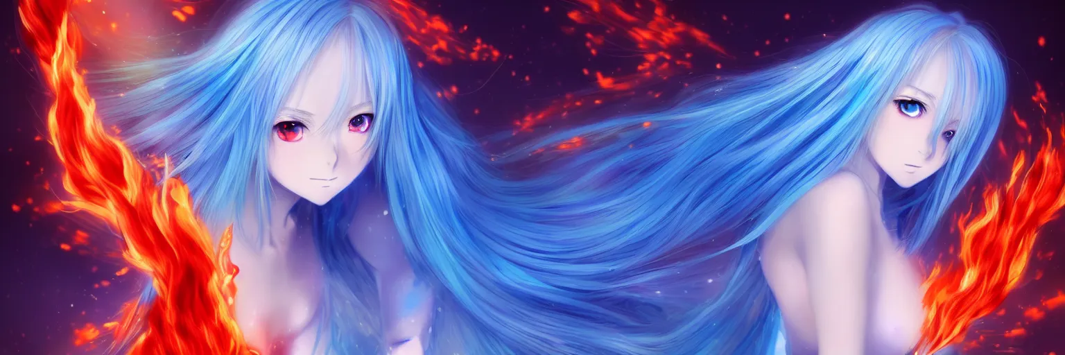 Image similar to advanced digital anime art, a very cute gorgeous teenage girl with a body made of fire and ice , full body, very long snow colored hair, sky blue highlights in hair, red fiery watery eyes, wearing a dress made of water, full round face, dramatic cinematic lighting, wideshot, highly intricately detailed, trending on pixiv, Artstation, painted by Rossdraws and the style of Sakimimichan