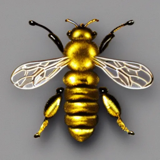 Prompt: honey bee made of metal, shiny, glowing