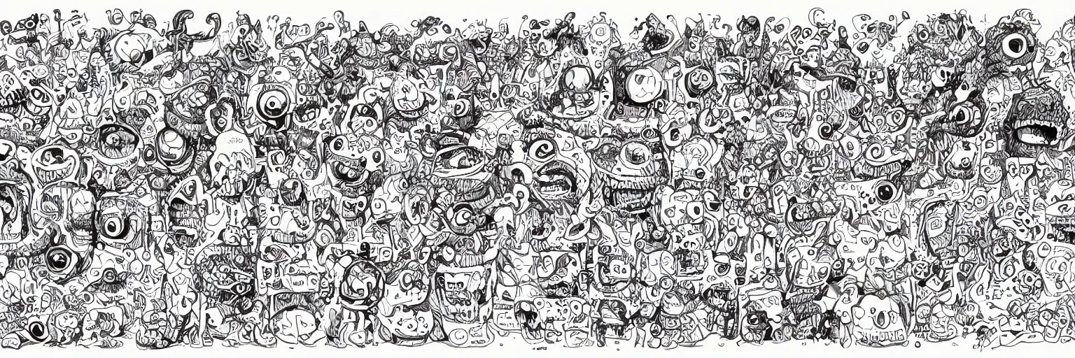 Image similar to monster doodle art, character sheet, fine details, concept design, contrast, kerby rosanes, the doodle boy, trending on artstation, 8 k, ultra wide angle