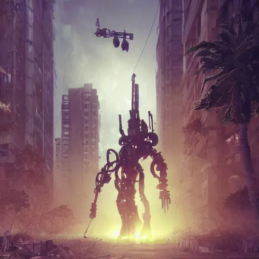 Prompt: six feet tall mech fighting in an urban environment, by gaudi, by giger, by ismail inceoglu, octane render, by weta digital, cinematic lighting, bump mapped, lumen reflections, ambient occlusion, action scene screenshot, epic scale, trending on artstation