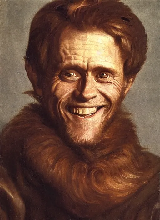 Image similar to portrait painting of willem dafoe with stubble smiling warmly, renaissance oil painting, chiaroscuro