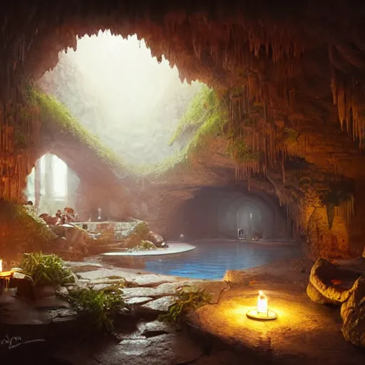 Image similar to cozy bathhouse hidden in a cave, candlelight, towels, cushions, natural light, lush plants and flowers, elegant, intricate, fantasy, atmospheric lighting, by Greg rutkowski