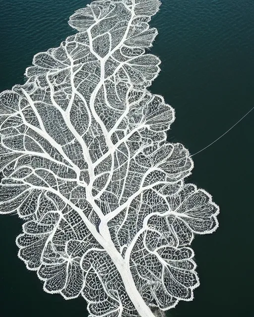 Prompt: the wake of a boat, made of intricate decorative lace leaf skeleton, shot from a drone, in the style of the dutch masters and gregory crewdson, dark and moody