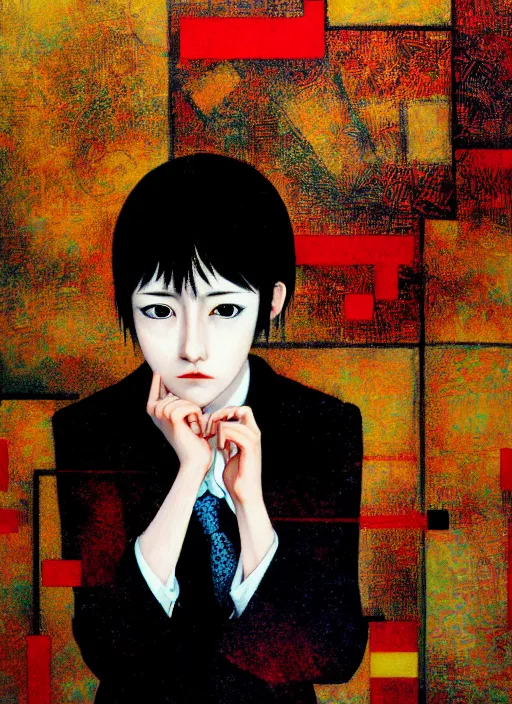 Prompt: yoshitaka amano blurred and dreamy realistic three quarter angle portrait of a young woman with short hair and black eyes wearing office suit with tie, junji ito abstract patterns in the background, satoshi kon anime, noisy film grain effect, highly detailed, renaissance oil painting, weird portrait angle, blurred lost edges