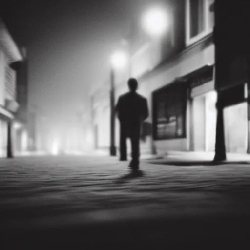 Image similar to an abstract photograph of a lonely male shadowy figure, there is a dark street with lanterns reflected on the ground, underwater, motion blur, 35 mm, black-and-white