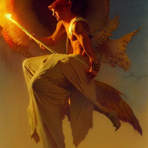 Image similar to handsome lucifer morning star casting a spell to raise hell unto heaven. highly detailed painting by gaston bussiere, craig mullins, j. c. leyendecker, 8 k