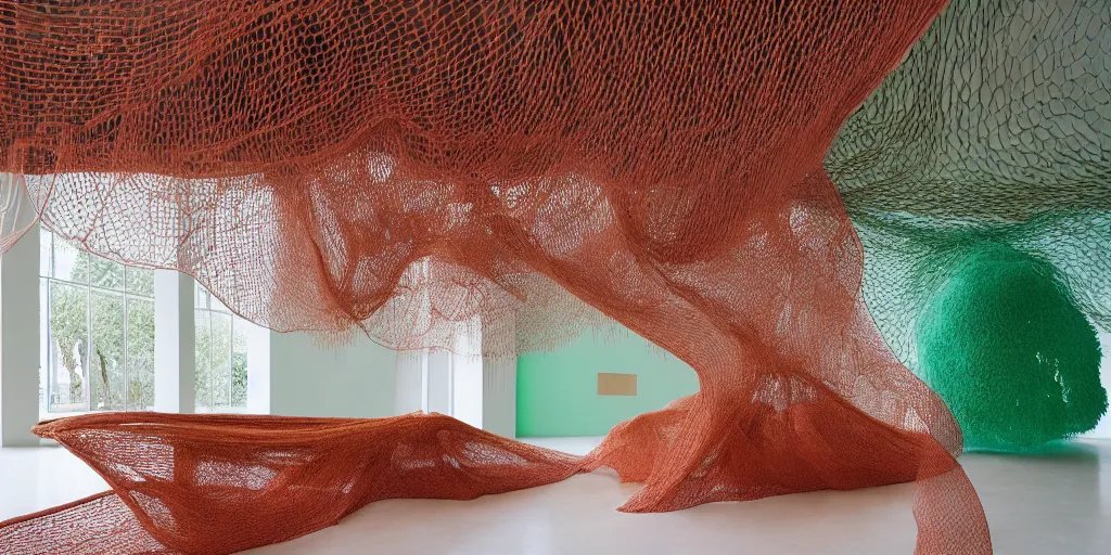 Prompt: biomorphic structures out of stocking - like material and nets that fills with various objects like spices, sand and rocks by ernesto neto, light - mint with dusty pink color