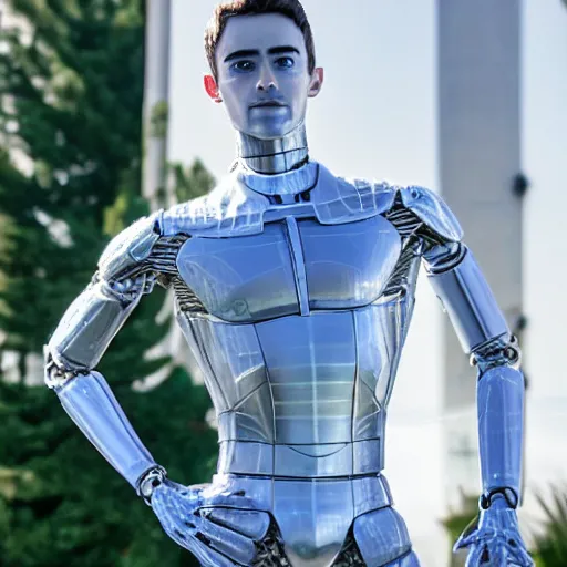 Image similar to made of ice, a realistic detailed photo of a guy who is an attractive humanoid who is half robot and half humanoid, who is a male android, on display, blank stare, showing off his muscles, shiny skin, posing like a statue, by the pool, frozen ice statue, f 1 driver charles leclerc, humanoid robot