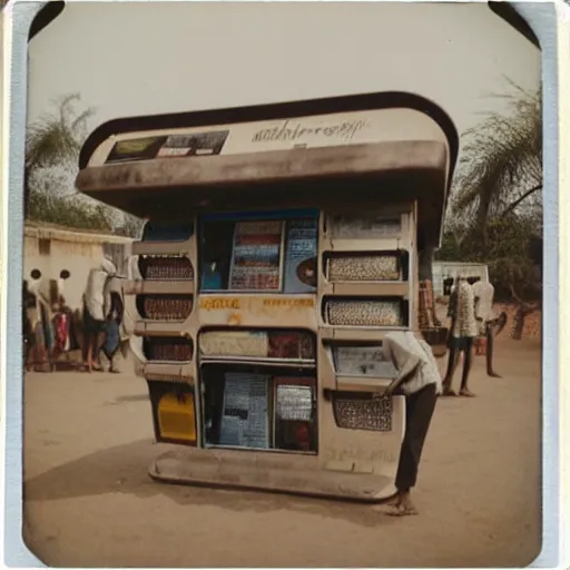 Image similar to old polaroids of futuristic african bus stops with informal sellers and digital screens, women selling fruit