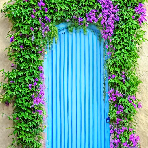 Prompt: painting of a european blue door surrunded by bougainvillea award winning fuzzy