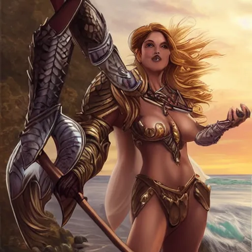 Prompt: fantasy woman with armor emerging from the sea holding a staff made with mother-of-pearl, by Artgerm, medium shot