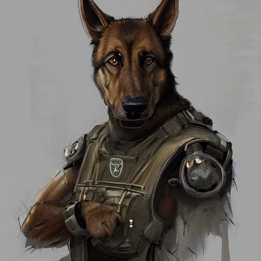 Image similar to a wounded humanoid german shepherd beast - man in military style, his hands are covered with wires, sitting on the bed, highly detailed portrait, digital painting, artstation, concept art, smooth, sharp foccus ilustration, artstation