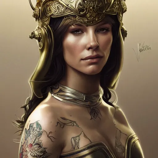 Image similar to an attractive young tattooed female with piercings wearing an white ornate metallic helmet, evangeline lilly, olive skin, long dark hair, beautiful bone structure, intricate, elegant, highly detailed, digital painting, artstation, concept art, smooth, sharp focus, illustration, art by artgerm and greg rutkowski and alphonse mucha