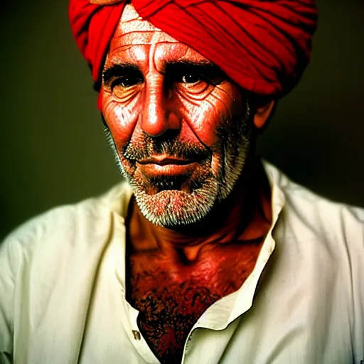 Image similar to portrait of jeffrey epstein as afghan man, green eyes and red turban looking intently, photograph by steve mccurry