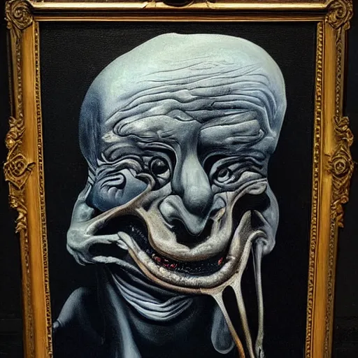 Image similar to Oil painting with black background by Christian Rex Van Minnen Robert Williams Salvador Dali of a portrait of an extremely bizarre disturbing mutated man with intense chiaroscuro lighting perfect composition