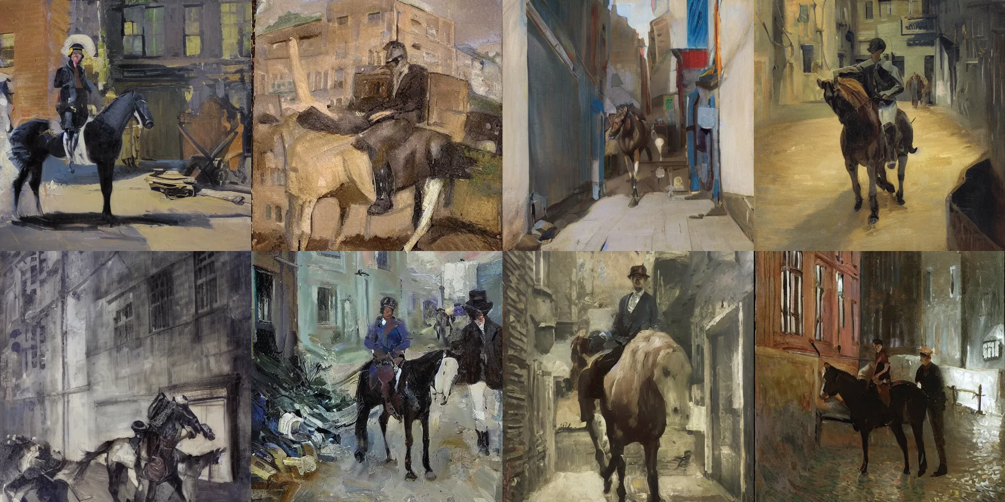 Image similar to painting of a man on a horse in a Dublin alleyway, painted by George Bellows, 1905