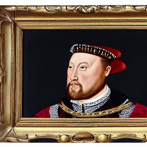 Image similar to king henry viii building a pc computer electronics screen keyboard case, wearing a crown and royal robes, 17th century detailed oil painting with a gilded frame