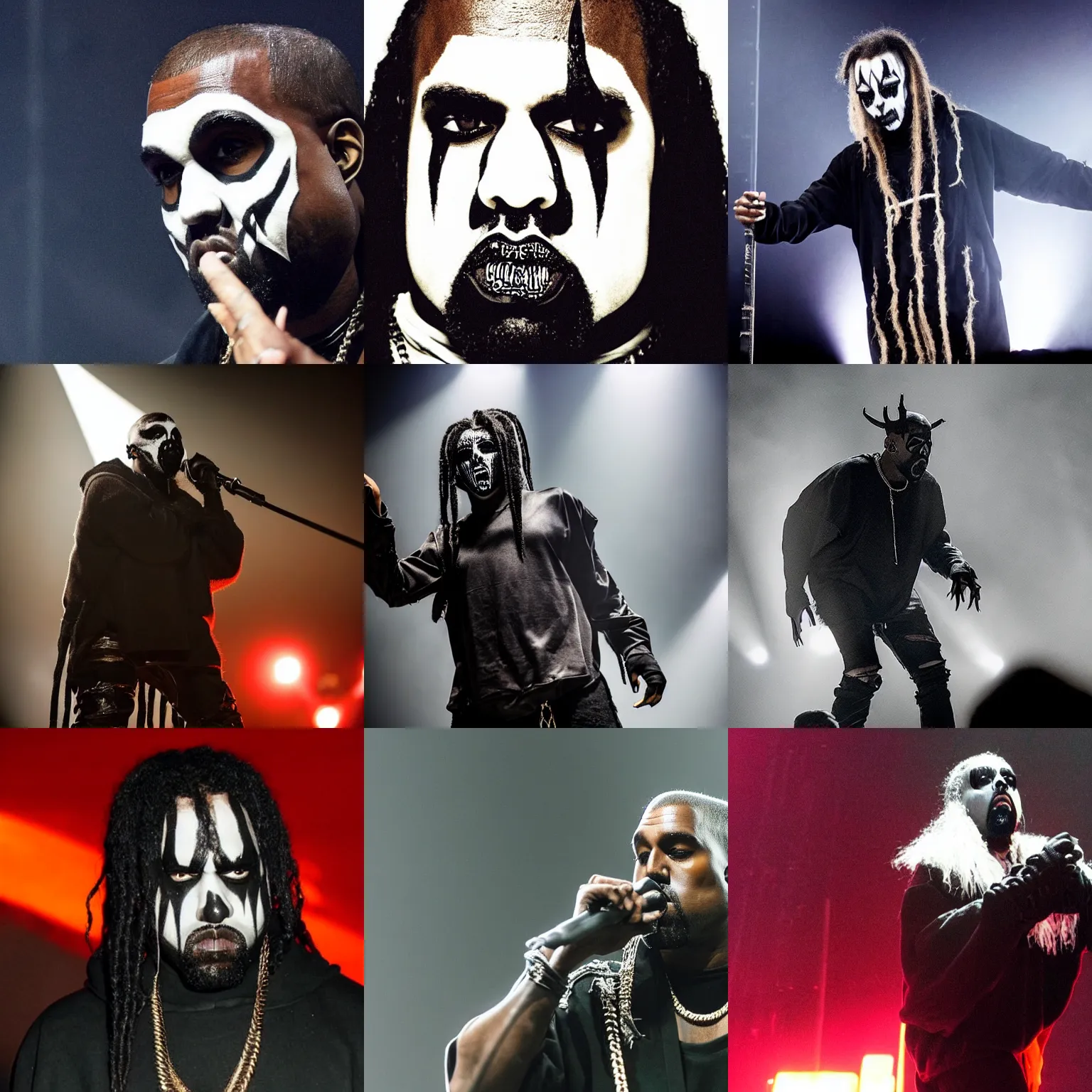 Prompt: Kanye West wearing corpse paint, performing in black metal concert