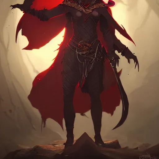 Prompt: A tiefling with red skin and gold eyes, wearing a black cloak, style of Greg Rutkowski, dungeons and dragons character art, artstation