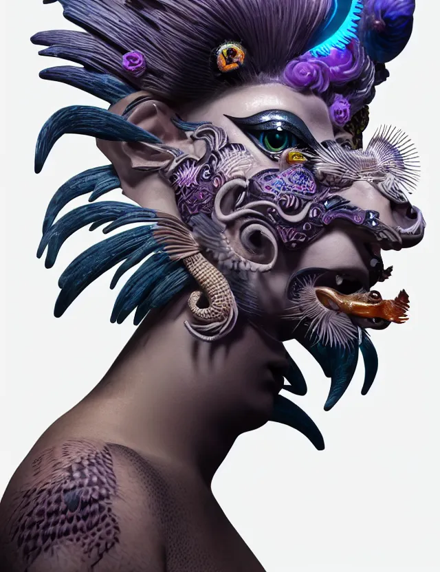 Image similar to 3 d goddess close - up profile portrait punk with mohawk with ram skull. beautiful intricately detailed japanese crow kitsune mask and clasical japanese kimono. betta fish, jellyfish phoenix, bio luminescent, plasma, ice, water, wind, creature, artwork by tooth wu and wlop and beeple and greg rutkowski