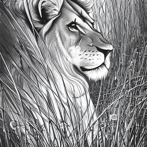 Image similar to A lion in a meadow lineArt style, concept art, smooth, sharp focus, illustration, ArtStation