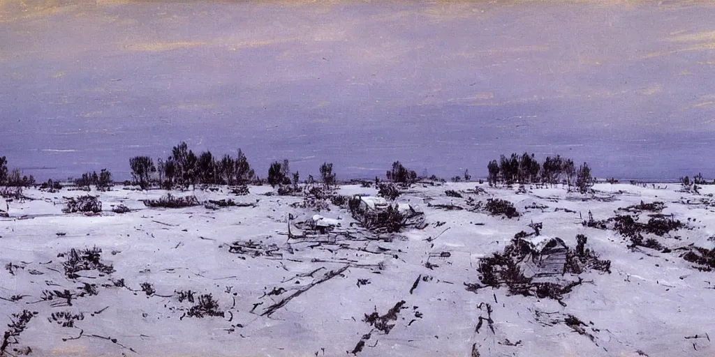 Image similar to a calm WW2 battlefield at night, Eastern Front, stars, wintertime, trenches, snow, wide open steppe, painting by Isaac Levitan