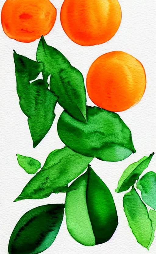 Image similar to minimalist watercolor art of oranges with green leaves