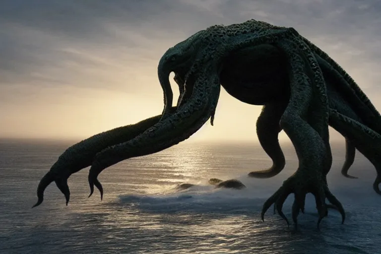 Image similar to giant VFX movie of cthulhu rising out of the ocean in Malibu morning natural light by Emmanuel Lubezki