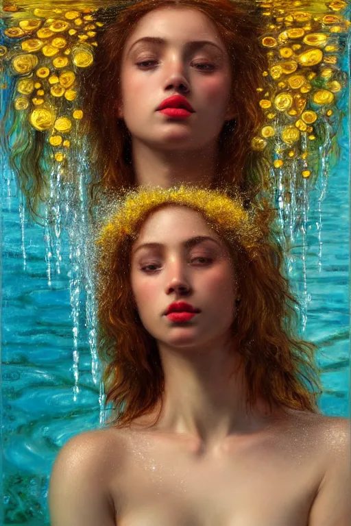 Prompt: hyperrealistic precisionist cinematic profile very expressive! oshun goddess, ophelia in water! john everett millais, mirror dripping droplet!, gold flowers, highly detailed face, digital art masterpiece, smooth eric zener cam de leon, dramatic pearlescent turquoise light on one side, low angle uhd 8 k, shallow depth of field