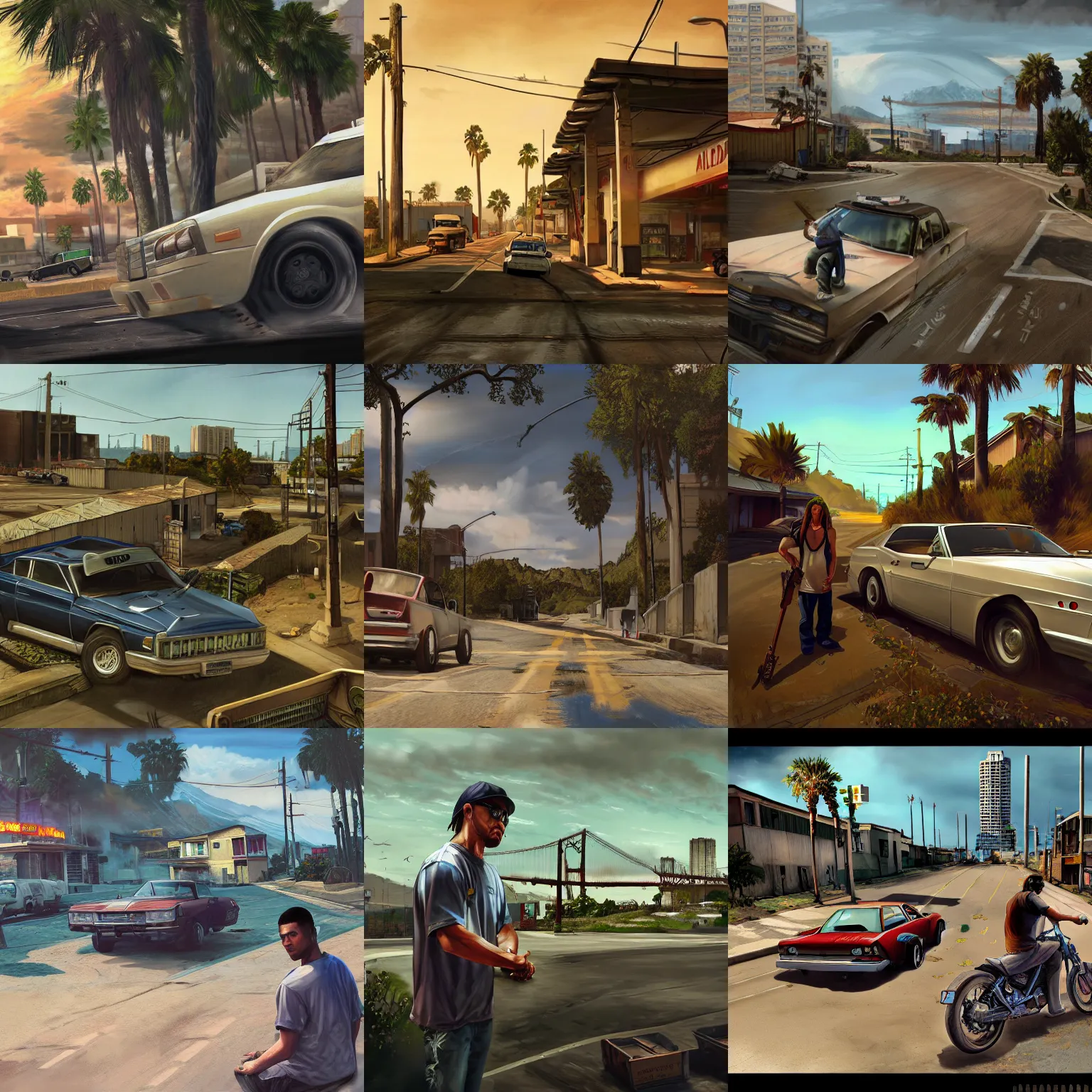 Prompt: screenshot of gta : san andreas, realistic painting, high definition, digital art, matte painting, very detailed, concept art, pixiv, deviantart, artstation, illustration, realistic